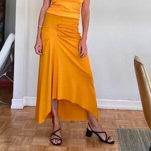 Zara Womens Long Asymmetric Skirt in Orange Color w/ Stretchable Waist Size S